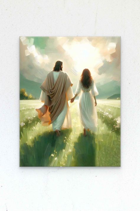 A young woman and Jesus share a peaceful walk, their hands gracefully intertwined. Clad in pristine white, they stand out against the backdrop of nature's lush greenery, a symbol of purity and spiritual vitality. The air is filled with the delicate fragrance of white blossoms, echoing the themes of renewal and divine connection. This art captures a serene moment, inviting contemplation on the shared spiritual journey between the believer and their guiding light. 🌿 - Immediate Download ✅  - High Jesus And Girl, Jesus Walking, Jesus And Daughter, Jesus With Girl, Walk With God, Walk With Jesus, Walking With Jesus, Christian Painting, Christian Woman