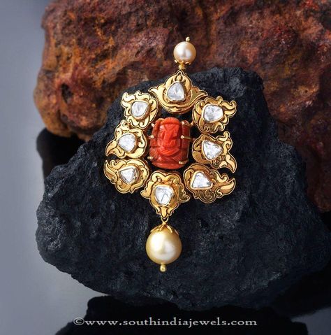 Gold Coral Pendant Designs, Coral Pendant Designs, Indian Coral Pendants. Tanishq Jewellery, Ganesh Pendant, Coral Jewelry Set, Ganesha Pendant, Pendant Designs, Designer Diamond Jewellery, Gold Jewelry Simple Necklace, Gold Pendants, Gold Pendant Jewelry