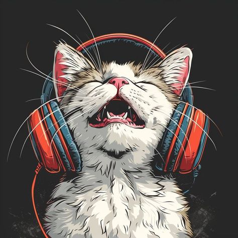 Cat Digital Illustration, Music Illustration Art, Headphone Art, Headphones Clipart, Cat With Headphones, Joyful Art, Digital Illustration Art, Headphones Art, Pop Art Cat