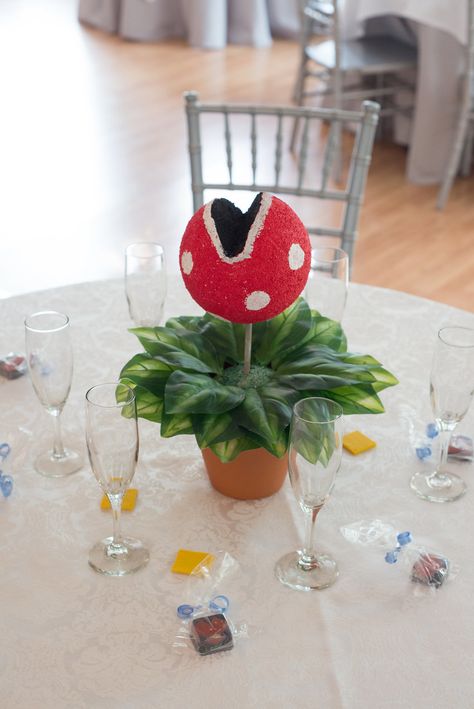 Succulent Centerpiece Wedding, Video Game Wedding, Zelda Wedding, Succulent Wedding Centerpieces, Plant Centerpieces, Grooms Table, Gamer Wedding, Succulent Centerpiece, Piranha Plant