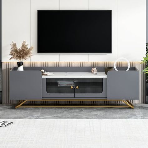 TV Stand with Fluted Glass, Entertainment Center for TVs Up to 70", Faux Marble Top TV Console Table with Frame Base - Bed Bath & Beyond - 40463040 Tv Unit Table, Design Tv Stand, Contemporary Entertainment Center, Grey Tv Stand, Modern Entertainment Center, Tv Console Table, Design Tv, Console Tv, Top Tv