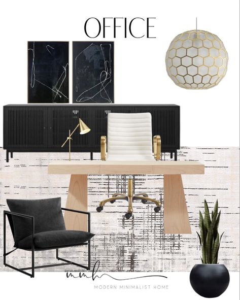 Office Space Mood Board, Styling Home Office, Creative Office Ideas, Minimalist Office Ideas, Wabi Sabi Desk, Black And White Office Ideas, Home Office Ideas Modern, Calming Office Decor, Office Light Fixture