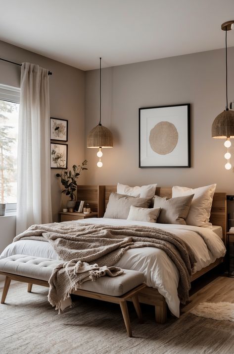 25 Modern Cozy Bedroom Neutral Decor Ideas for a Serene Retreat » Comfy Ideas Modern Cozy Decor, Bedroom Decor 2024, Brown Neutral Bedroom, 2024 Bedroom Ideas, One Window Bedroom Ideas, Small Room King Size Bed Ideas, Relaxing Master Bedrooms Decor, Small Neutral Bedroom, Light Wood Bedroom Ideas