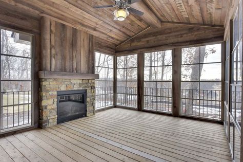 Four Season Sunroom With Fireplace, Living Room Addition With Fireplace, Three Season Porch Ideas, Fire Mantel, Reclaimed Wood Fireplace, Three Season Porch, Writing Office, Screened Porches, Four Seasons Room