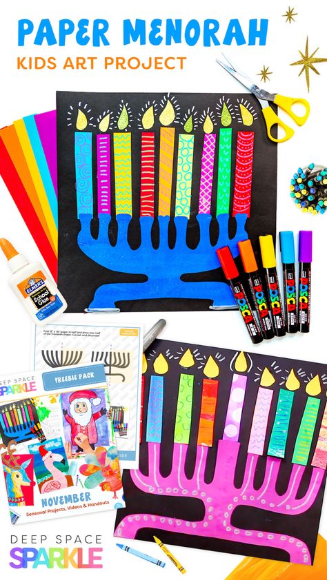 Menorah Art For Kids, Hannukah Crafts, Project Printable, Hanukkah Art, Creative Art Projects, Hanukkah For Kids, Holiday Art Projects, Hanukkah Crafts, Deep Space Sparkle