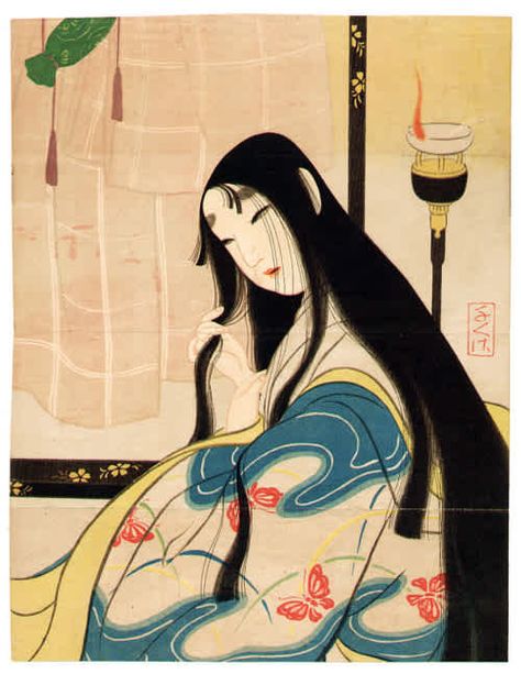 In medieval Japan, long hair was prized, so court women grew their hair as long as possible, and wore it straight down their backs in a loose ponytail. Their hair would often reach the floor! They also shaved off their eyebrows and drew on smudgy new ones high up on the forehead, almost near the hairline. Heian beauty included pale skin, round and rosy cheeks, and little bow lips. But because they painted their faces white, their teeth looked yellow in comparison. So they used to paint Women In Ancient Greece, Medieval Japan, Heian Era, Heian Period, Japanese Woodblock Printing, Woman Drawing, Beauty Standards, Egyptian Art, Japan Art