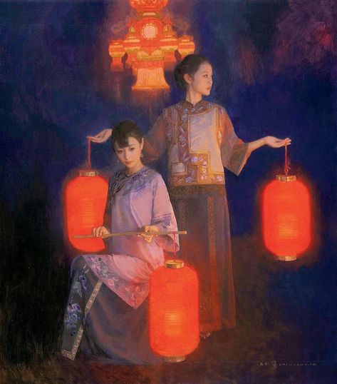 Chen Yanning, Maxfield Parrish, Japanese Lanterns, Music Drawings, China Art, Ap Art, Chinese Painting, Street Light, Chinese Art