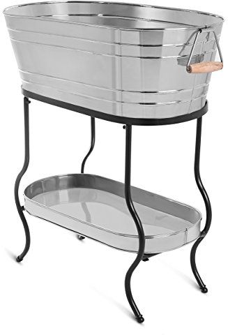 BirdRock Home Stainless Steel Beverage Tub with Stand | Oval | Bottom Tray | Party Drink Holder | Wooden Handles | Outdoor or Indoor Use | Free Standing Free Standing Bar, Wooden Cooler, Party Tub, Cooler Stand, Metal Tub, Outdoor Kitchen Bars, Beverage Tub, Mothers Day Breakfast, Tub Ideas