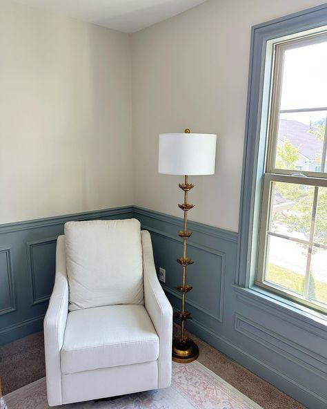 Making babies classy one room at a time 👌🏼 #franklinmillwork #kidsroom #interiors #nursery #nashvillecontractor #nashvilledesign Chair Rail In Nursery, Nursery Millwork, Chair Rail Nursery, Blue Chair Rail, Bedroom With Chair Rail, Chair Rail Bedroom, Light Blue Chair, Picture Molding, Front Entryway