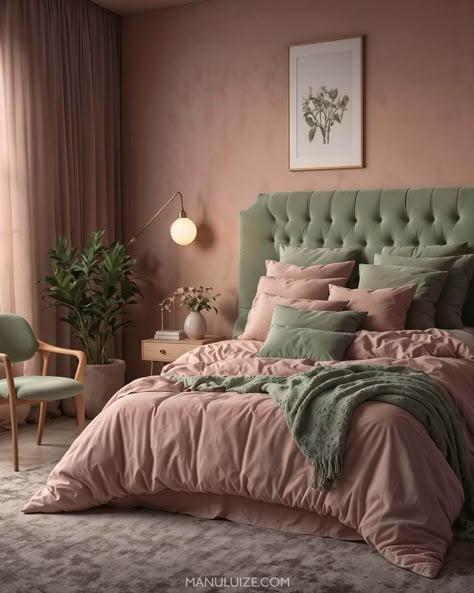 Here's a guide to incorporating dusty pink into your bedroom decor with 35 modern bedroom decor ideas to surprise you! #pinkbedroom #interior Ideas for: light pink bedrooms, grey and pink bedroom ideas, blue and pink bedroom, green and pink bedroom, pink bedroom aesthetic, white and pink bedroom, pink bedroom ideas, black and pink bedroom, girly pink bedroom, pink bedroom decor, sage green and pink bedroom, blush pink bedroom, dusty pink bedroom. Blush Green Bedroom, Sage Pink And Grey Bedroom, Sage And Dusty Pink Bedroom, Black Green Pink Bedroom, Pale Pink And Green Bedroom, Dusty Pink And Sage Green Bedroom, Dusty Rose Paint Color Bedrooms, Green And Rose Bedroom, Dusty Pink And Grey Bedroom