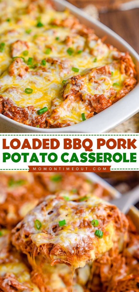 This Loaded BBQ Pork Potato Casserole is comfort food at it’s best! A mouthwatering blend of loaded mashed potatoes made with bacon and cream cheese, topped with savory pulled pork and cheese. This crowd pleasing recipe is sure to be a hit for game day, BBQs or potluck! Pulled Pork Mashed Potatoes, Casserole With Pulled Pork, Pulled Pork Casserole Recipes, Bbq Casserole Recipes, Leftover Pulled Pork, Pulled Pork Casserole, Bbq Baked Potatoes, Pork Casserole Recipes, Pork Loin Pulled Pork