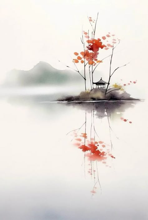 Asian Watercolor Art, Chinese Watercolour Painting, Japanese Style Watercolor, Japan Watercolor Painting, Watercolor Japanese Art, Japanese Watercolor Paintings, Sumi Art, Chinese Watercolor Painting, Asian Watercolor