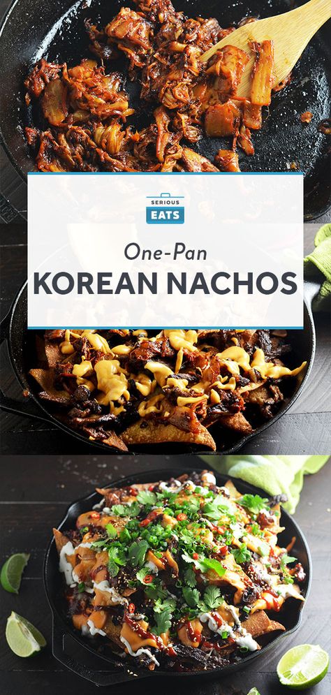 This quick and easy Korean spin on nachos features bulgogi-style steak, caramelized kimchi, gochujang-spiked cheese sauce, and lime sour cream, all of it served on top of fried wonton chips. Keep the dishes to a minimum—this recipe only uses one pan. Korean Nachos, Fried Wonton Chips, Lime Sour Cream, Fried Wonton, Nachos Recipe Beef, Baked Nachos, Wonton Chips, Nachos Recipe Easy, Fried Wontons