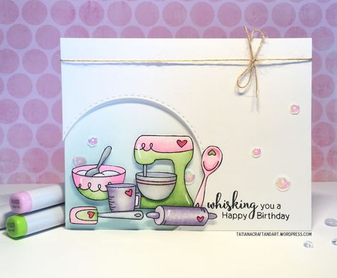 Wisking You A Happy Birthday | Used #newtonsnook Made From Scratch stamp set and #SSSFAVE Stitched Circles die. Cooking Birthday Card, Food Cards, Lawn Fawn Stamps, Paper Wall Hanging, Lawn Fawn Cards, Hand Crafted Cards, Made From Scratch, Birthday Cards Diy, Card Making Inspiration