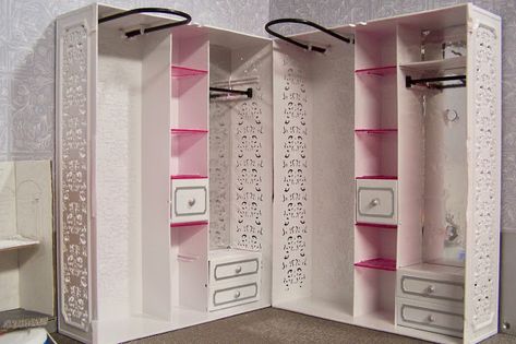 Barbie:Old New Green Redo: DIY Doll Closets. Barbie Closet Diy How To Make, Dolls Wardrobe Diy, Diy Barbie Wardrobe Closet, Diy Doll Wardrobe, Diy Doll Wardrobe Closet, Barbie Closet Diy, Barbie Doll Closet, Diy Doll Closet, Barbie Storage