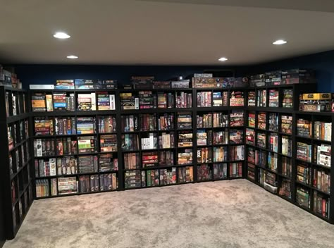 Game Library Room, Board Game Room Design, Boardgame Storage, Diy Game Room, Board Game Shelf, Gamer Room Diy, Color Walls, Board Game Room, Board Game Cafe