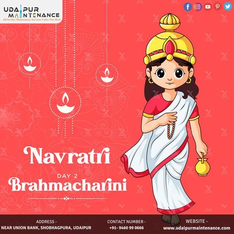 The second day of Navratri is dedicated to Maa Brahmacharini, who is known as the symbol of wisdom and knowledge. According to Hindu mythology, Goddess Brahmacharini is the unmarried avatar of Goddess Parvati. #UdaipurMaintenance #happynavratri #navratriday2 #brahmacharini #brahmacharinimaa #navratri Bramacharni Maa, Brahamcharni Mata, Second Day Of Navratri, Brahmacharini Mata Day 2, Goddess Brahmacharini, Maa Brahmacharini, Chitra Navratri Wishes, Navratri Day 2 Goddess Brahmacharini, Goddess Parvati