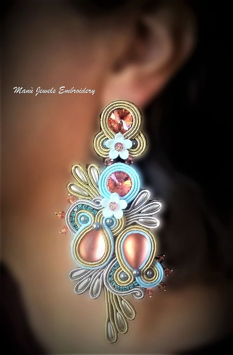 Resin Crystals, Soutache Bracelet, Spring Light, Soutache Necklace, Boho Chic Earrings, Rose Peach, Spring Earrings, Light Earrings, Flower Resin