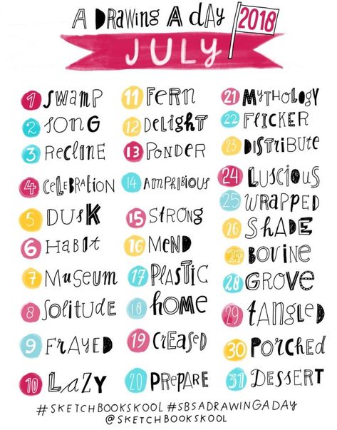 Here are your July prompts for A Drawing A Day! Where are you on your yearly goals? Have you kept them up? Have you let them lapse? Now is as good a time as any to push yourself to keep going, or to jump back in to a daily drawing practice! (Hand lettered prompts by … July Prompts, Koosje Koene, Sketch Prompts, Sketchbook Prompts, Artist Block, Sketchbook Assignments, 30 Day Art Challenge, Drawing Meme, Drawing Challenges