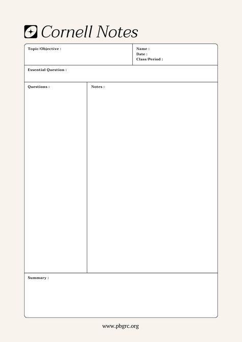 Cornell Notes PDF Templates: In today’s fast-paced world, effective note-taking is crucial for students and professionals alike. The Cornell Notes system has remained a popular and enduring note-taking method. It provides a structured format for capturing and reviewing important information, making it easier to retain knowledge and study efficiently. To assist you in your note-taking ... Read more The post Free Printable Cornell Notes PDF Templates 2023 appeared first on Personal Blog ... Study Notes Printable, Note Taking Examples, Note Format Layout, Note Taking Printables, Study Note Templates, Template Study, Good Notes Templates Free Note Taking, Study Sheets Template, Good Notes Pages