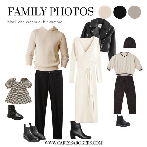 Gray And Cream Family Photos, Black And White Clothes Family Photos, Black And White Outfit Photoshoot Family, Black White And Cream Family Photos, Neutral Outfit Photoshoot, Black Cream Family Pictures, Ivory Family Photo Outfits, Black And White Fall Family Photos, Black And White Outfit Family Pictures