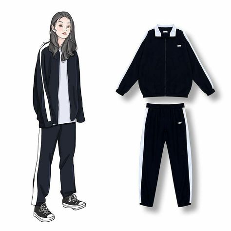 Tracksuit Uniform, School Tracksuit, Boyish Style, School Uniform Fashion, Denim Jacket Patches, Outfit Korean, Fashion Sketches Dresses, Sketches Dresses, Style Korea