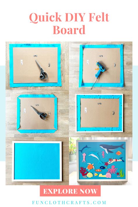 steps on how to make felt board with a picture frame Interactive Felt Board, Diy Felt Board How To Make, Ice Cream Felt Board, Homeschool Felt Board, Felt Boards For Toddlers, Felt Velcro Board, How To Print On Felt, Felt Busy Board, Circle Time Felt Board