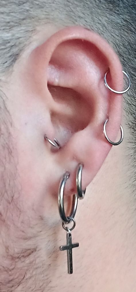 Men’s Helix Piercing Hoop, Mid Helix Piercing, Men's Piercings, Cool Ear Piercings, Double Helix, Helix Piercing, Piercing Tattoo, Tragus, Helix