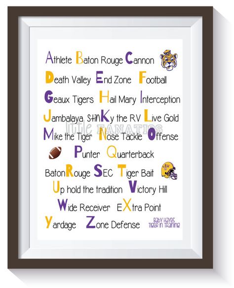 Louisiana State University - LSU Tigers Alphabet Nursery Art Print. Teach the alphabet the RIGHT way! Great for a baby's room, playroom decor, child's bedroom or baby shower gift. Bryce James, Lsu Babies, Teach The Alphabet, Baby Lulu, Alphabet Art Print, Lsu Tigers Football, Alphabet Nursery, Boys Playroom, Lsu Football