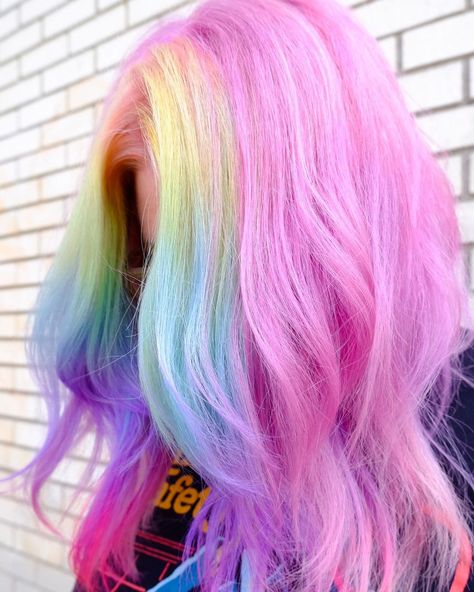 Hair Color Blue And Pink, Blue And Rainbow Hair, Pink Rainbow Hair, Pink Yellow Blue Hair, Pink And Blue Hair Aesthetic, Rainbow Pink Hair, Pink And Blue Hair Extensions, Pastel Rainbow Hair Hidden, Pastel Rainbow Hair