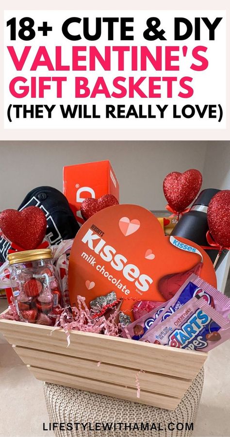 Searching for the best DIY Valentine’s Day gift basket ideas? These sweetest Valentine’s Day baskets are insanely easy to whip up and guaranteed to make anyone’s day! Valentine's Day gift baskets for him | Valentine's Day gift baskets for her | Valentine's Day gift basket ideas Diy Valentine's Gift Baskets, Valentines Baskets For Him, Diy Gift Basket Ideas, Diy Gift Basket, Cheap Valentines Day Gifts, Homemade Valentines Gift, Diy Valentines Day Gifts For Him, Homemade Gift Baskets, Valentines Day Baskets