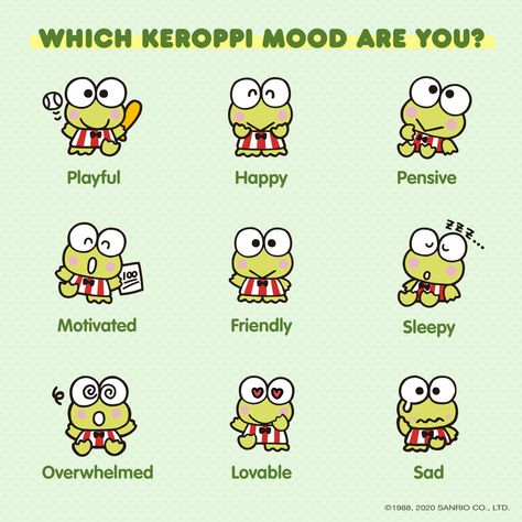 Current Mood: 😍💚 Which #Keroppi are you? Image Swag, Different Emotions, Cute Messages, Hello Kitty Pictures, Hello Kitty Plush, Cute Memes, Current Mood, Sanrio Characters, Safe Space