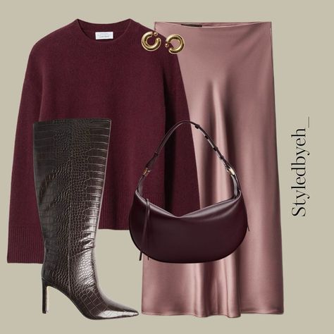 Kicking off the month with all the autumnal feels 🍁🍂 With one of my favourite items a satin skirt love this colour paired with the deep oversized burgundy jumper! Shop via my story or comment LINKS ✨ #autumnfashion #autumnalstyling #autumnvibes🍁 #sundaystyling #fashionblogger #virtualstylist #ootd #styleinspo #under5k Satin Skirt Jumper Outfit, Maroon Silk Skirt Outfit, Burgundy Silk Skirt Outfit, Burgundy Satin Skirt Outfit, Burgundy Skirt Outfit, Burgundy Jumper, Satin Skirt Outfit, Skirt Jumper, Burgundy Skirt