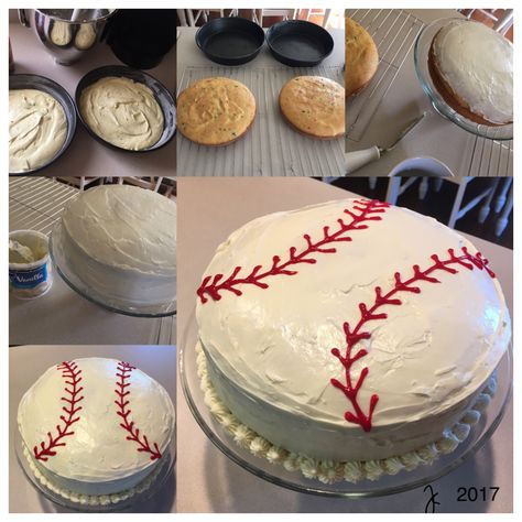 Easy Pillsbury Funfetti Round Baseball Birthday Cake Diy Baseball Birthday Cake, Simple Baseball Cake, Easy Baseball Cake, Diy Baseball Cake, Baseball Theme Food, Baseball Cake Ideas, Baseball Desserts, Sports Birthday Cake, Baseball Theme Cakes