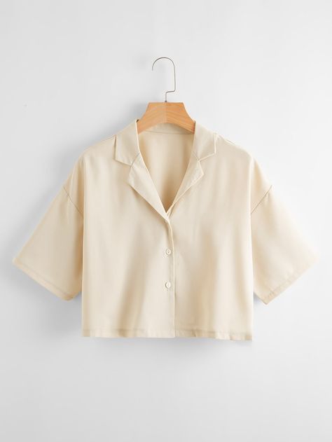 Lapel Collar Shirt, Half Sleeve Shirt Women, Crop Button Up Shirt, Satin Blouse Outfit, Cropped Button Up Shirt, Cropped Button Down, Beige Blouse, Beige Shirt, Blouse Plus Size