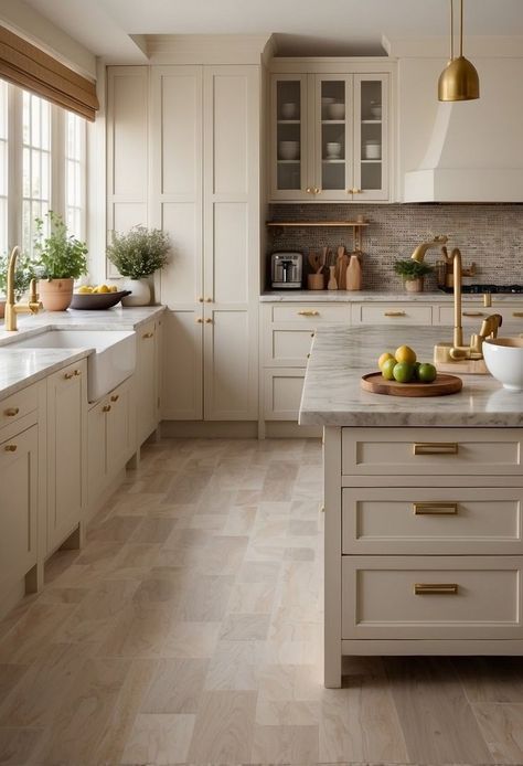 Milk And Honey Kitchen, Wooden And Cream Kitchen, White And Brass Kitchen Ideas, Classic Italian Kitchen, Mushroom Paint Kitchen Cabinets, Kitchen White Oak Island, Dream Home Makeover Kitchen, Beige Country Kitchen, Cream Kitchen Green Island