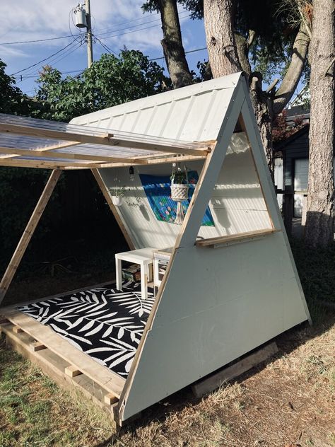 How we DIYed our A-Frame playhouse in our backyard | Petit Architect Terasse Light Ideas, A Frame Playhouse Diy, Frame Playhouse, A Frame Playhouse, Playhouse For Kids, Treehouse Ideas, Corrugated Plastic Sheets, Ikea Lack Table, Backyard Kids Play Area