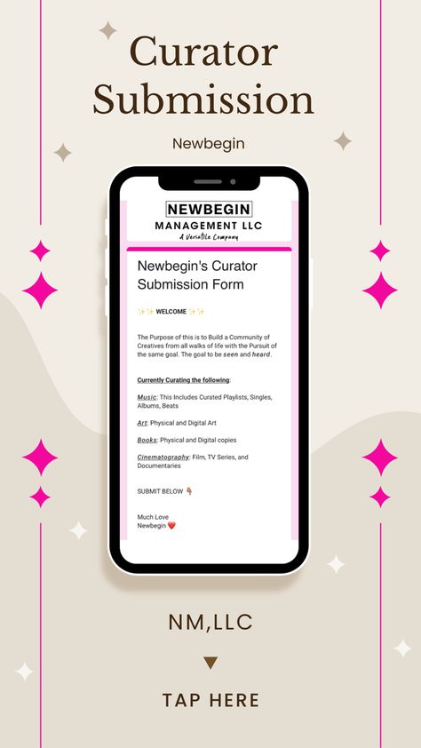 Newbegin's Curator Submission Form ✨

#Curator #CuratorSubmission #Submit #SubmitHere #NMLLC #NewbeginManagementLLC Playlist Curator, To Be Seen And Heard, Build A Community, Film Tv, Art Books, Side Hustles, Cinematography, Book Club, Book Worms