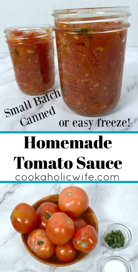 Homemade tomato sauce is a small batch canning recipe perfect for when you have just a few too many tomatoes to eat before they go bad. Small Batch Pasta Sauce Canning, Small Batch Canned Tomatoes, Tomato Sauce Homemade Small Batch, Small Batch Homemade Spaghetti Sauce, Small Batch Pasta Sauce, Canning Salsa Recipes Small Batch, Canning Small Batch Tomatoes, Pasta Sauce Recipes Tomato Fresh Canning, Small Batch Spaghetti Sauce For Canning