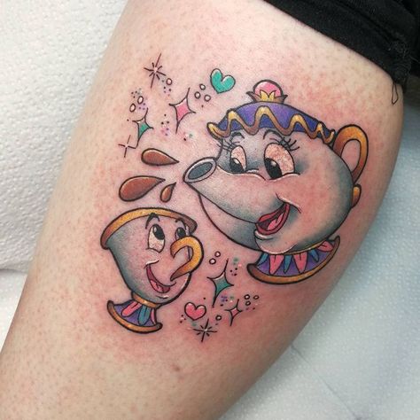 Disney Leg Tattoo, Beauty And The Beast Tattoos, Mother Son Tattoo, Cute Disney Tattoos, Chip Tattoo, The Beast Tattoo, Disney Inspired Tattoos, Survival Tattoo, Beast Tattoo