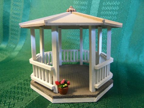 Miniature Gazebo for Dollhouse. Quarter by LindaIrwinCottages, $25.00 Miniature Gazebo, Wooden Gazebo Kits, Sticks Crafts, Large Gazebo, Diy Gazebo, Hot Tub Gazebo, Gazebo Ideas, Fairy Homes, Wooden Gazebo