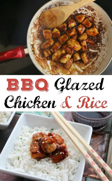 BBQ Glazed Chicken and Rice | Scrappy Geek Chicken And Rice Dinner Ideas, Bbq Chicken And Rice, Bbq Glazed Chicken, Rice Dinner Ideas, Chicken And Rice Dinner, Easy Bbq Chicken, Chicken And Rice Recipe, Chicken Over Rice, Work Food