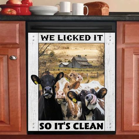 Kitchen Decal, Cow Kitchen Decor, Cow Kitchen, Clean Funny, Chicken Kitchen, Vinyl Panels, Dishwasher Cover, Dishwasher Magnet, Cow Decor