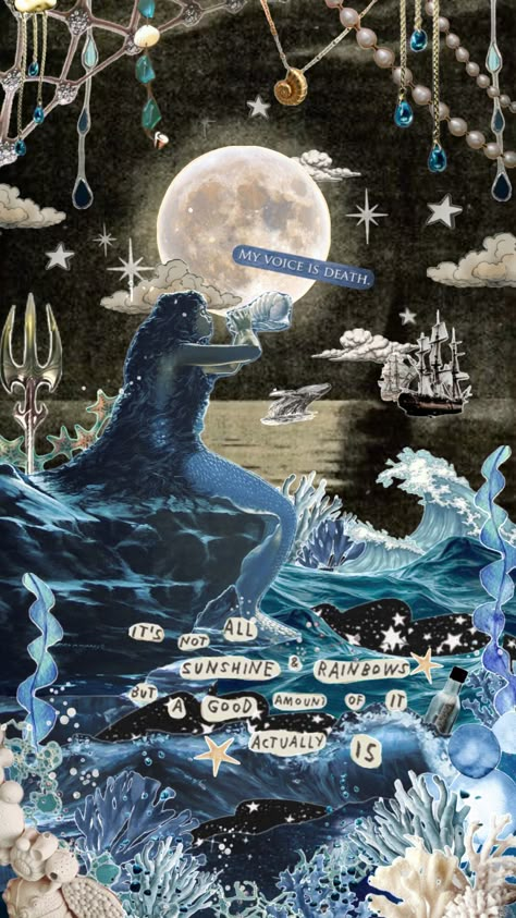 Blue Mermaid Aesthetic, Vintage Moon Art, Mermaid Collage, Mermaid Wallpapers, Laptop Wallpaper Desktop Wallpapers, Desktop Wallpaper Art, Vintage Moon, Mermaid Aesthetic, Beautiful Collage