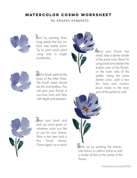 Cosmo Watercolor Worksheet | Patreon Flower Sketch For Watercolor, Painting Flowers With Watercolors, Basic Watercolor Flowers, Flowers To Paint Watercolor, Simple Watercolor Flowers Step By Step, Watercolor Art Flowers Tutorials, How To Make Watercolor Flowers, Cosmo Flower Painting, Basic Watercolor Painting For Beginners Flowers