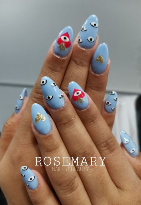 Heart Eye Nails, Eye Heart Nails, Heart With Eyes, Heart Nails, Heart Eyes, Blue Nails, Body Skin, Almond Nails, Body Skin Care