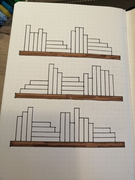 Bookshelf Drawings, Bujo Bookshelf, Drawing Bookshelf, Reading Journal Bookshelf, Bookshelf Drawing, Journal Bookshelf, Bed Painting, Bullet Journal Lists, Simple Bookshelf