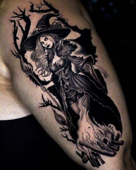 Dark Witch Tattoo Ideas, Gothic Witch Tattoo Designs, Witch Sleeve Tattoo For Women, Salem Witch Tattoo, Witch Tattoo Design, Witch Aesthetic Tattoo, Witch Tattoo Ideas, Fairy Tale Tattoo, Halloween Tattoo Ideas