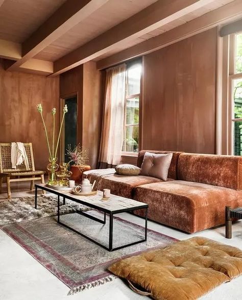 terracotta walls with burnt orange sofa Terracotta Limewash, Limewash Living Room, Rust Cushions, Modern Earthy Living Room, Burnt Orange Sofa, Earthy Living Room Decor, Sofa Rosa, Room Decor To Make, Terracotta Walls