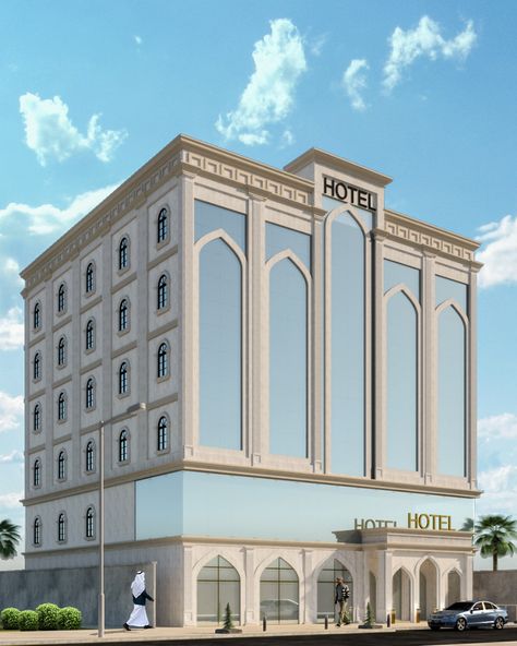 islamic style exterior elevation design hotel | Behance Classic Hotel Design Exterior, Islamic Hotel Design, New Classic Architecture Building, Hotel Elevation Exterior, Hotel Elevation Design, Behance Exterior, Exterior Hotel Design, New Classic Architecture, Acp Exterior Design